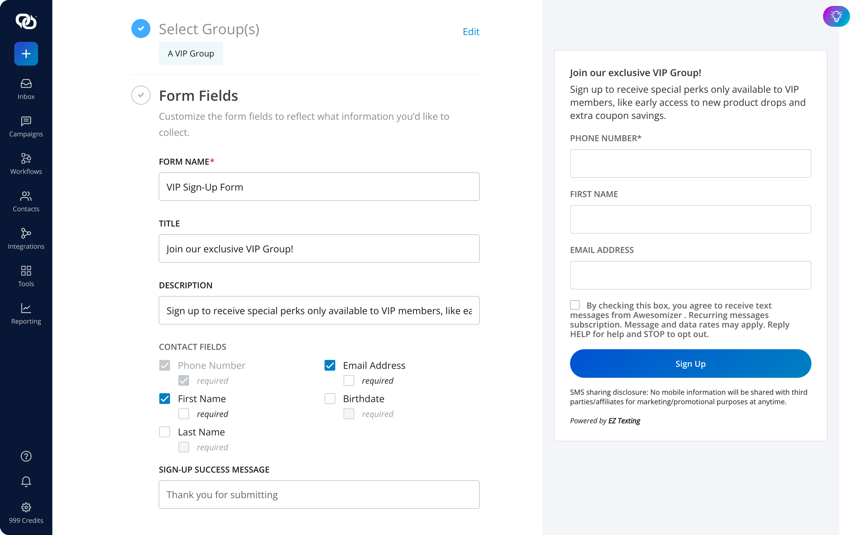 The EZ Texting sign-up forms builder for collecting SMS opt-ins on your website