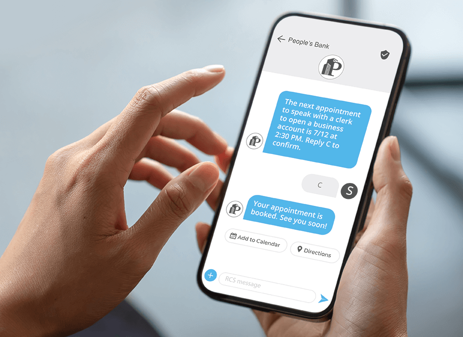 Image of a person interacting with a Peoples’ Bank RCS message, clicking an add to calendar button