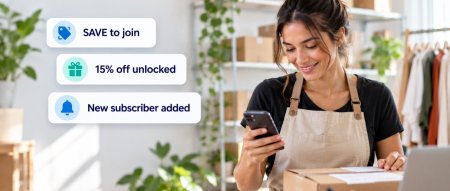 Small business owner checking new SMS opt-in alerts on her phone