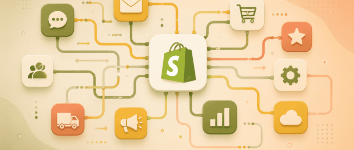 A Shopify store connected to marketing, communication, and operations integrations