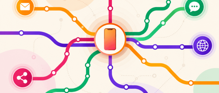 Transit-map style diagram with a smartphone hub at the center linked by colorful lines to email, chat, web, and social channel icons