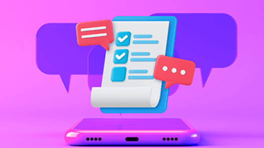 Illustration of a checklist with half checked off in front of an outline of s smartphone.