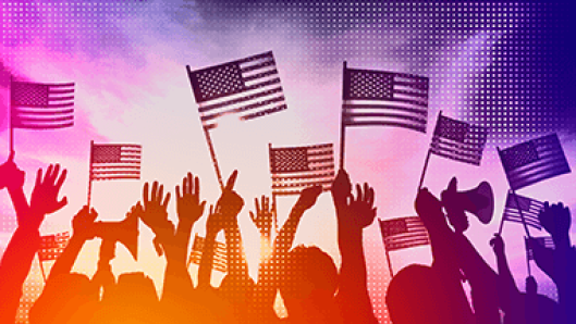 Illustration of hands holding up election-colored flags, banners, megaphones, ballots, etc.