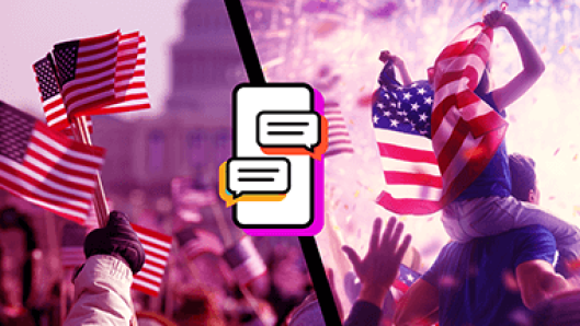 Two side-by-side illustrations: (1) campaign rally, (2) campaign event with balloons/confetti. In the middle of the two illustrations is a phone with text messaging icons