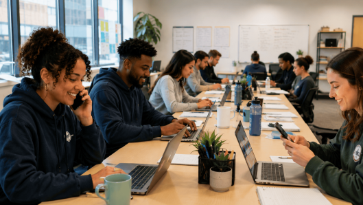 Volunteers running an agile political texting phone bank