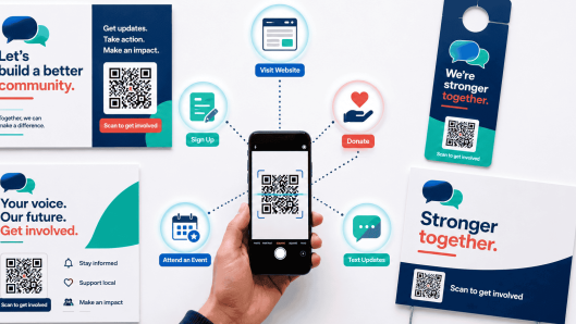 One QR code scan connects voters to a campaign’s website, sign-up form, donation page, events, and text updates.