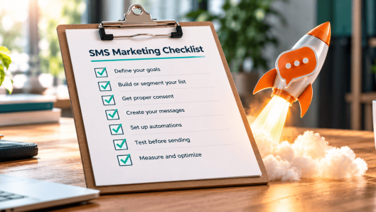 Illustration of a completed SMS marketing checklist with green checkmarks, ready to launch