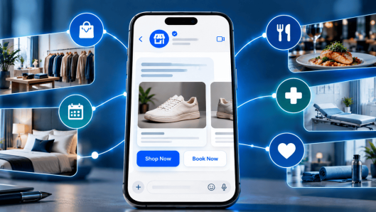 Smartphone showing a rich RCS business message with a product carousel and Shop Now and Book Now buttons, surrounded by retail, hospitality, restaurant, healthcare, and wellness use-case images