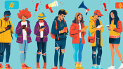 Illustration of several people reading a text on their phones, with political icons and/or icons of megaphones, exclamation points, etc. in the background