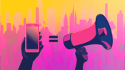 Illustration of “smartphone = megaphone” amid election icons/colors. Smartphone and megaphone should be the actual items in the image, not spelled out